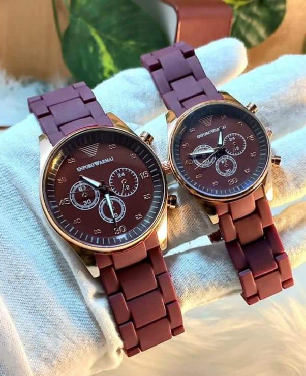 ✨ 2 PCS Unisex Stainless Steel Chronograph Couple Watch – Elegant Round Dial with Multicolor Design ✨